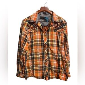 Roar Shirt Mens XL Plaid Long Sleeve Button Up Embroidered Goth Y2K Cross